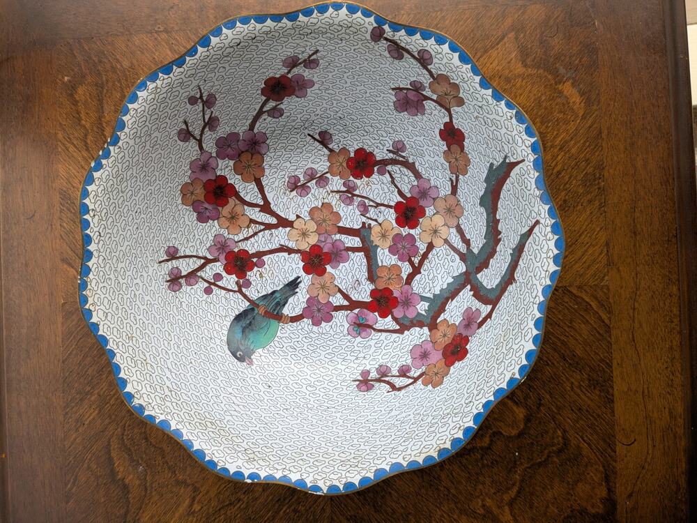 Chinese Cloisonné Scalloped Bowl 10.25"- Bird & Plum Blossom